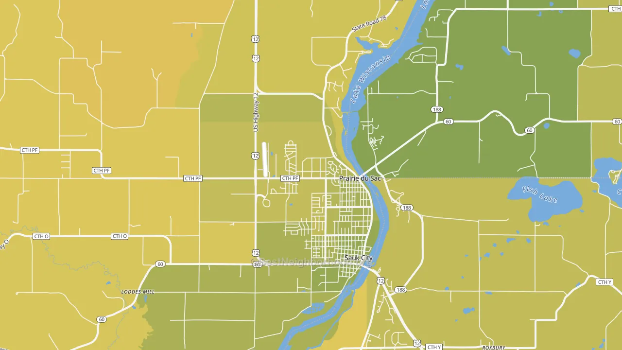 Map of the best neighborhoods in the Prairie Du Sac area, with better matches in green and worse matches in red