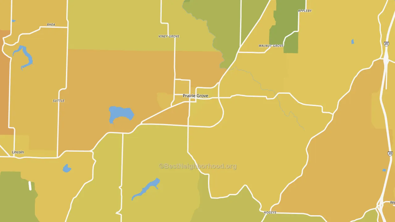 Map of the best neighborhoods in the Prairie Grove area, with better matches in green and worse matches in red