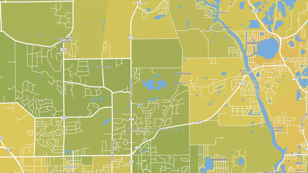 Map of the best neighborhoods in the Prairie Grove area, with better matches in green and worse matches in red