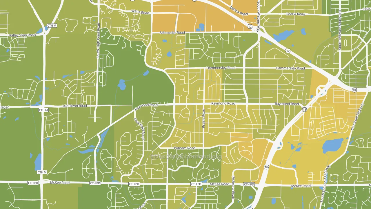 Map of the best neighborhoods in the Prairie Hills, Madison area, with better matches in green and worse matches in red