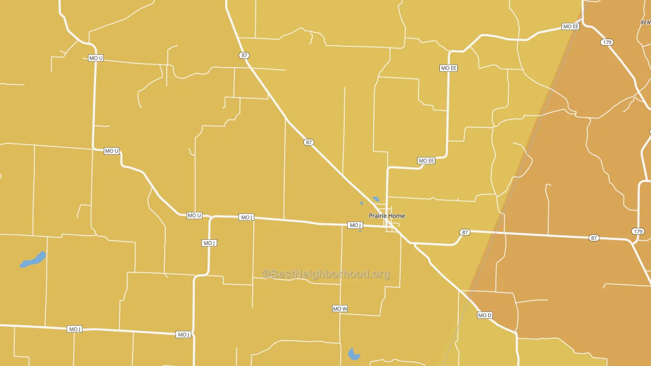 Map of the best neighborhoods in the Prairie Home area, with better matches in green and worse matches in red