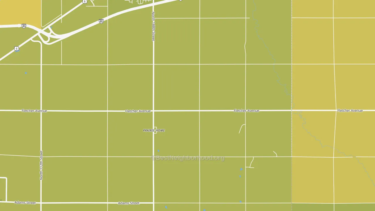 Map of the best neighborhoods in the Prairie Home area, with better matches in green and worse matches in red