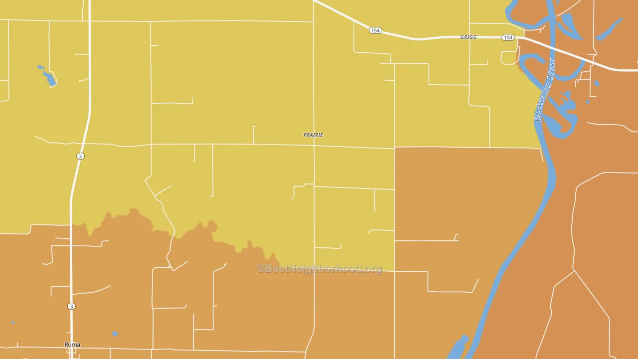 Map of the best neighborhoods in the Prairie area, with better matches in green and worse matches in red