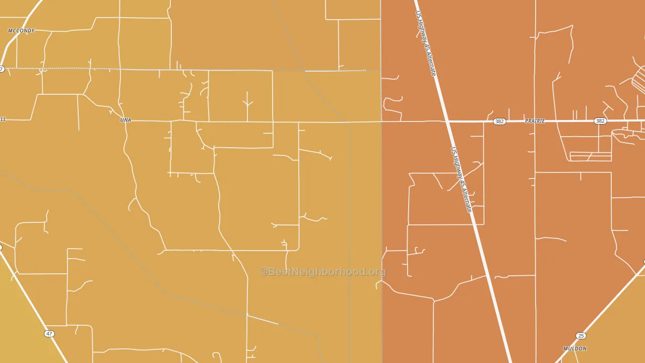 Map of the best neighborhoods in the Prairie area, with better matches in green and worse matches in red