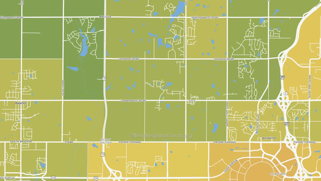 Map of the best neighborhoods in the Prairie-Piper-KC-KS, Kansas City area, with better matches in green and worse matches in red