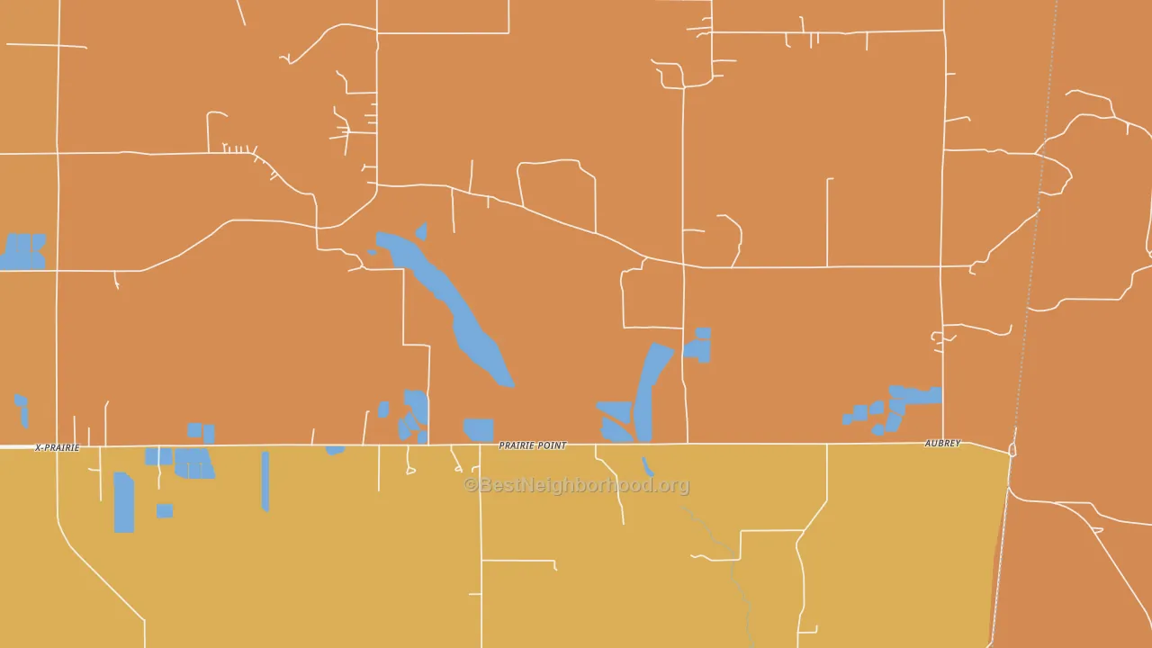 Map of the best neighborhoods in the Prairie Point area, with better matches in green and worse matches in red