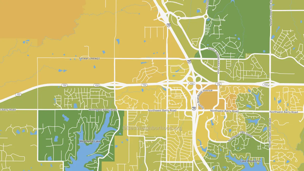 Map of the best neighborhoods in the Prairie Point-Wildberry, Kansas City area, with better matches in green and worse matches in red