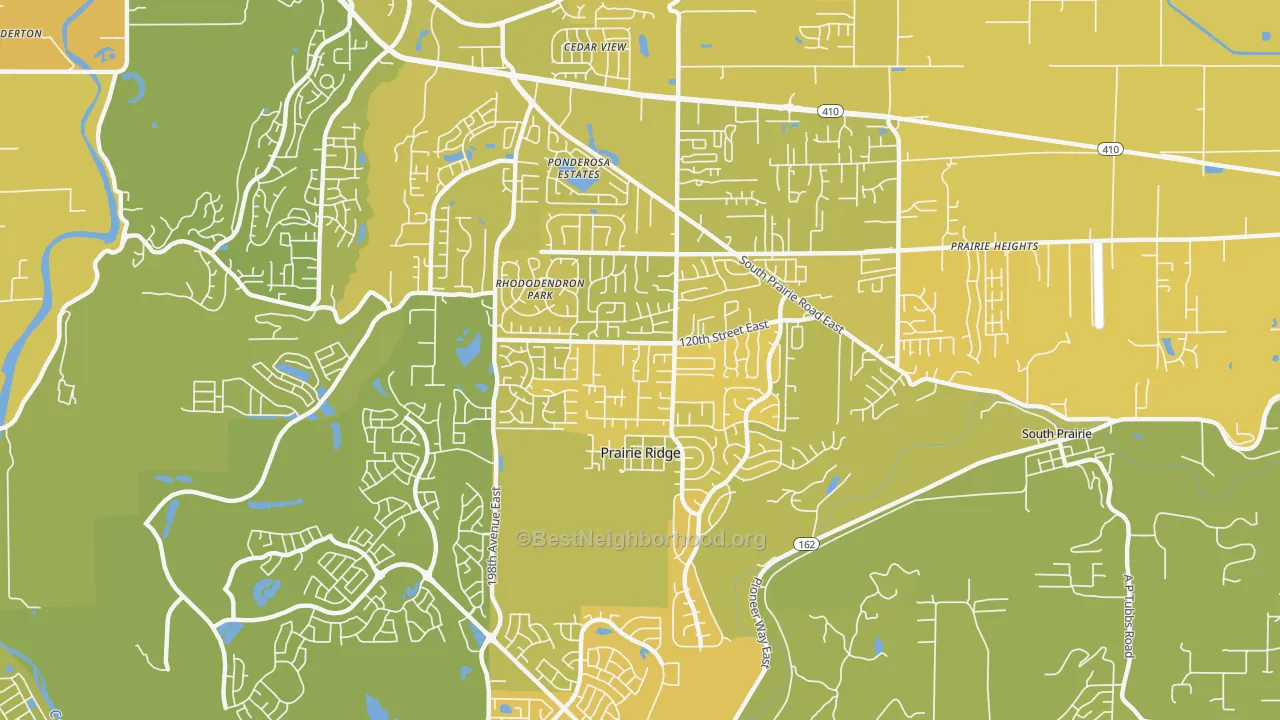 Map of the best neighborhoods in the Prairie Ridge area, with better matches in green and worse matches in red