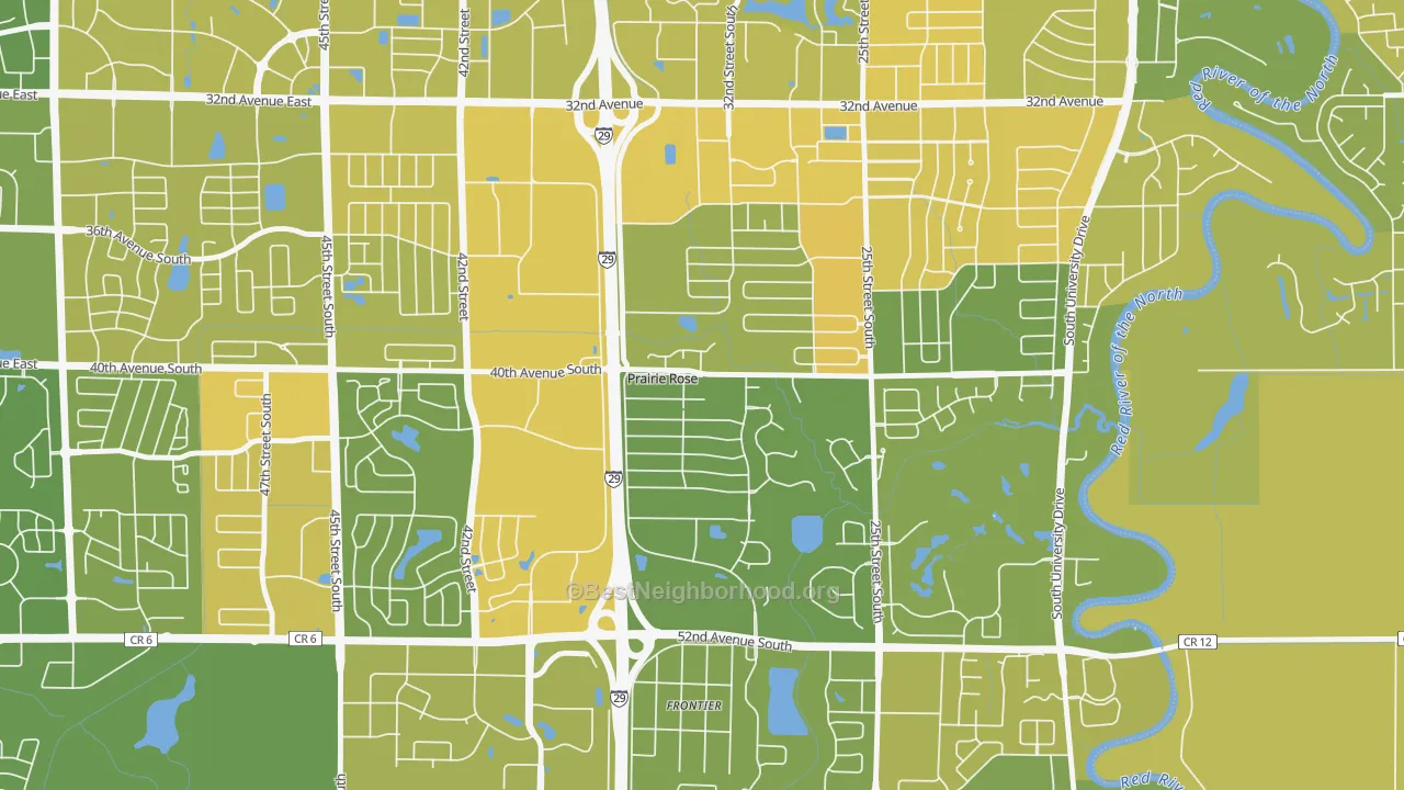 Map of the best neighborhoods in the Prairie Rose area, with better matches in green and worse matches in red