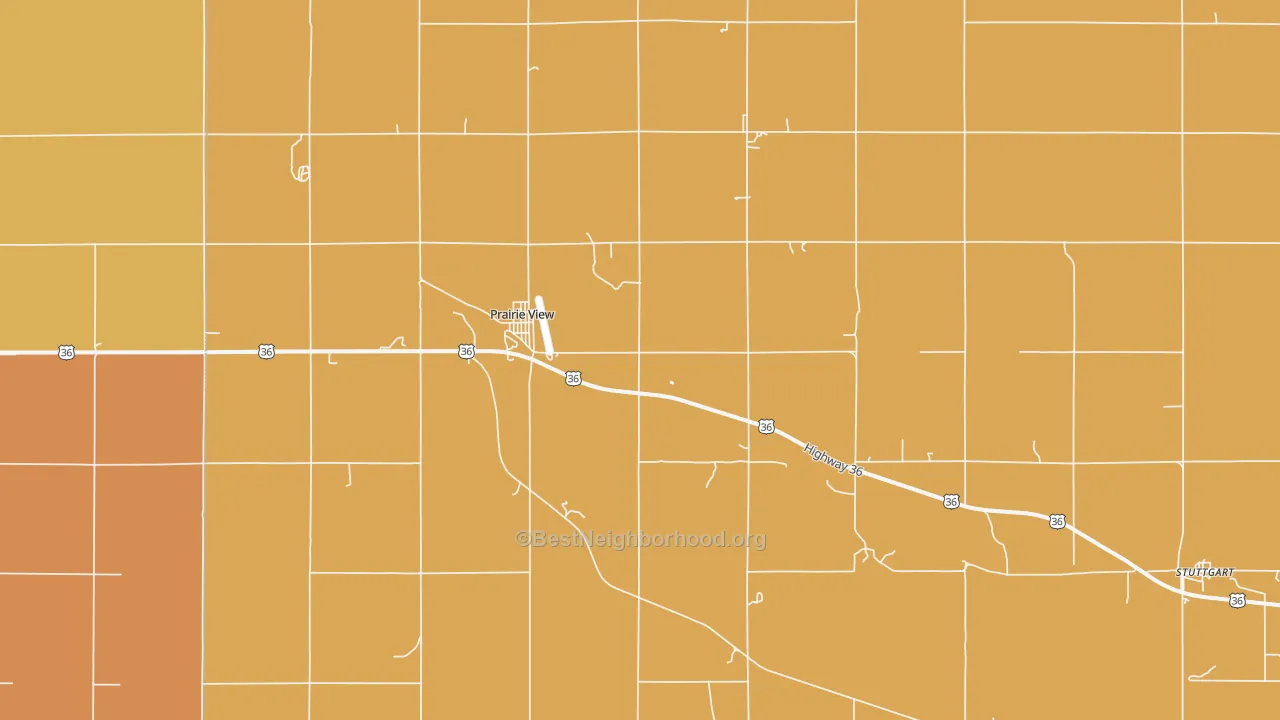 Map of the best neighborhoods in the Prairie View area, with better matches in green and worse matches in red