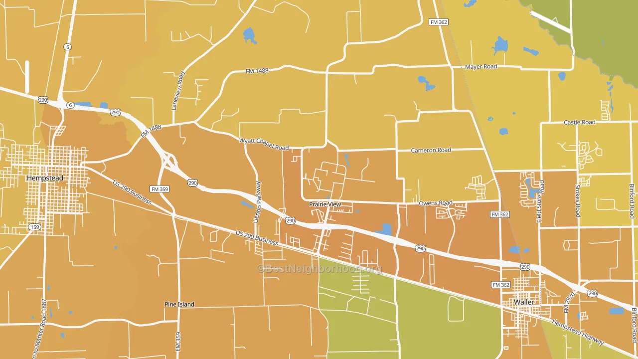 Map of the best neighborhoods in the Prairie View area, with better matches in green and worse matches in red