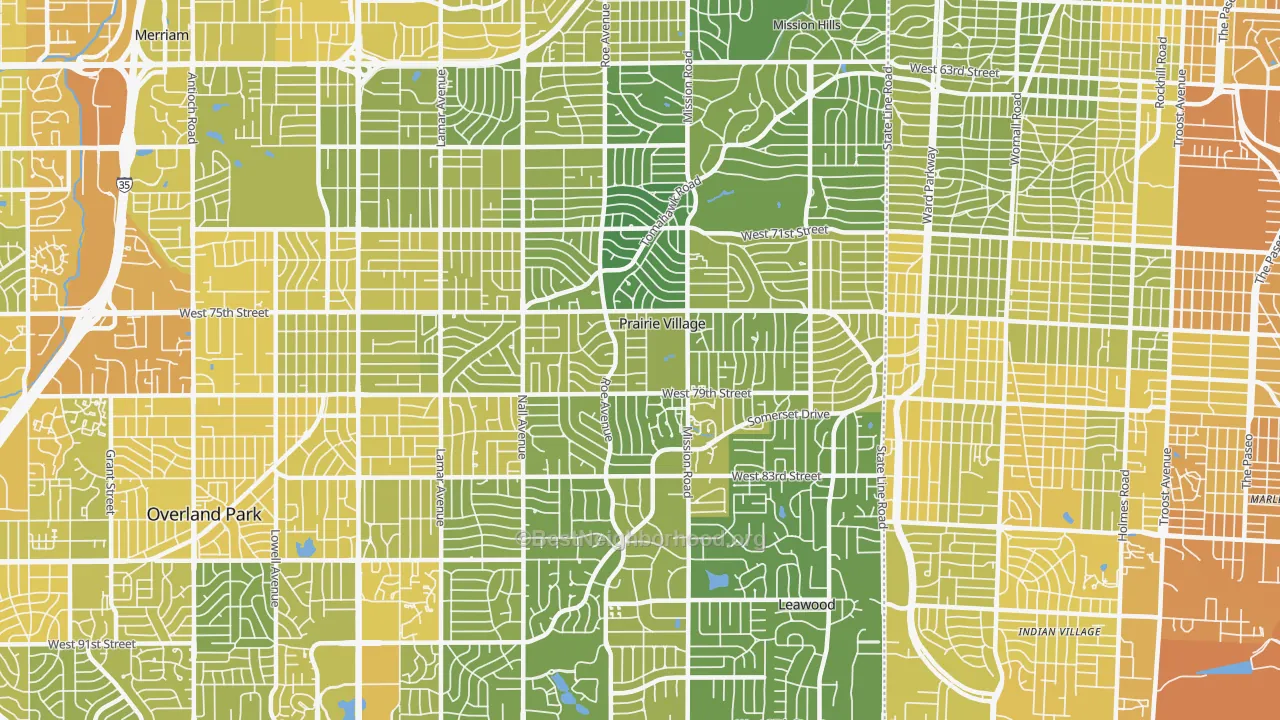 Map of the best neighborhoods in the Prairie Village area, with better matches in green and worse matches in red