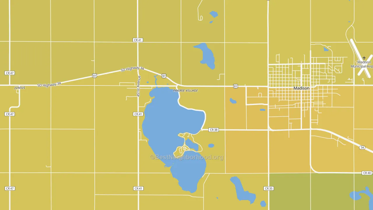 Map of the best neighborhoods in the Prairie Village area, with better matches in green and worse matches in red