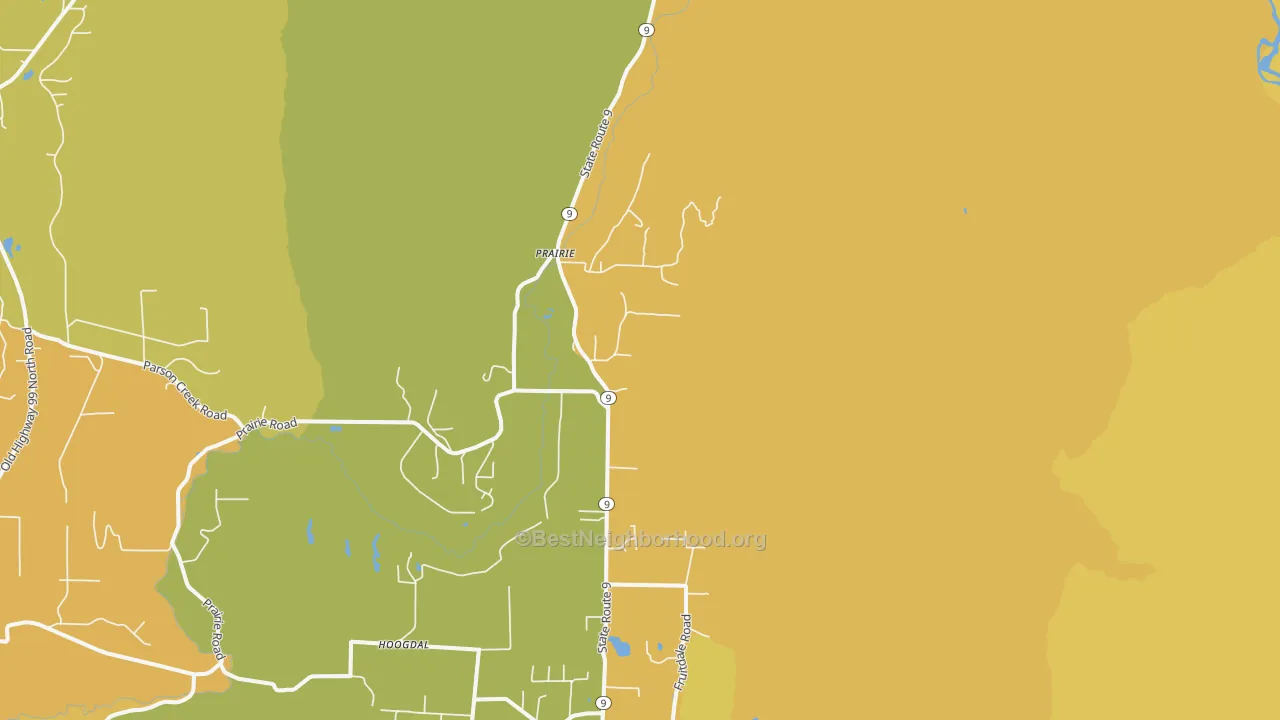 Map of the best neighborhoods in the Prairie area, with better matches in green and worse matches in red