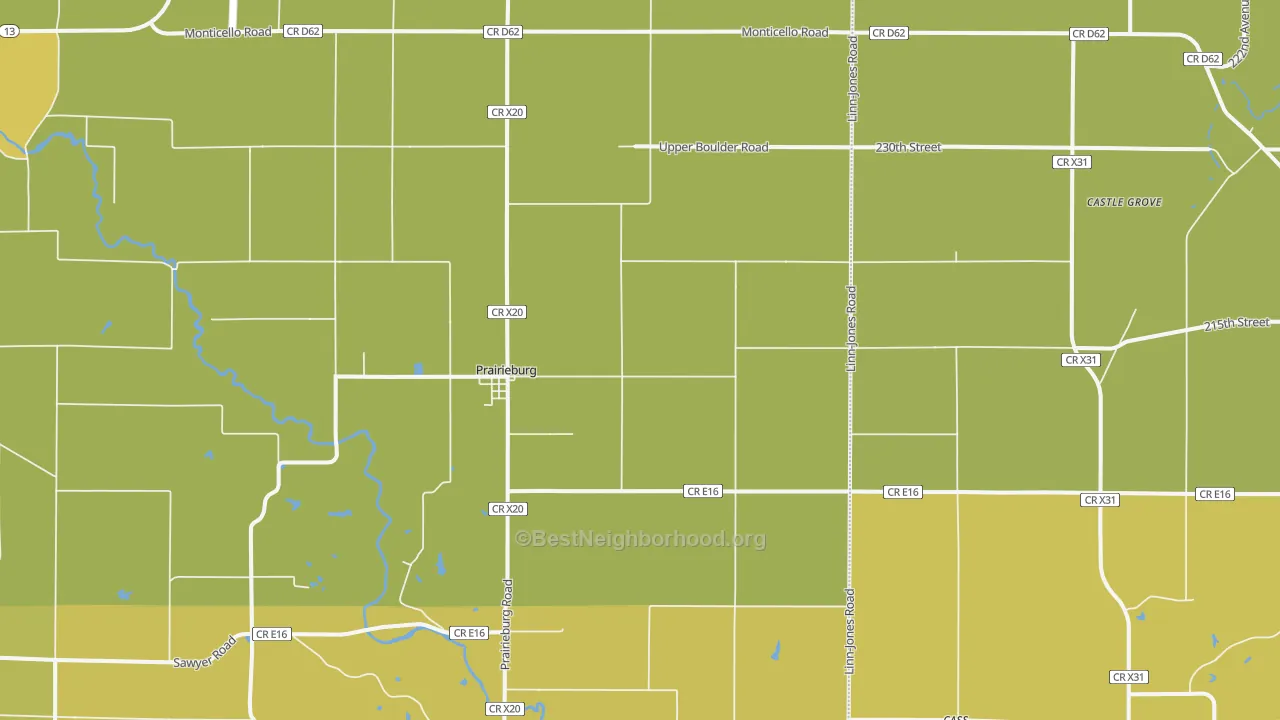 Map of the best neighborhoods in the Prairieburg area, with better matches in green and worse matches in red