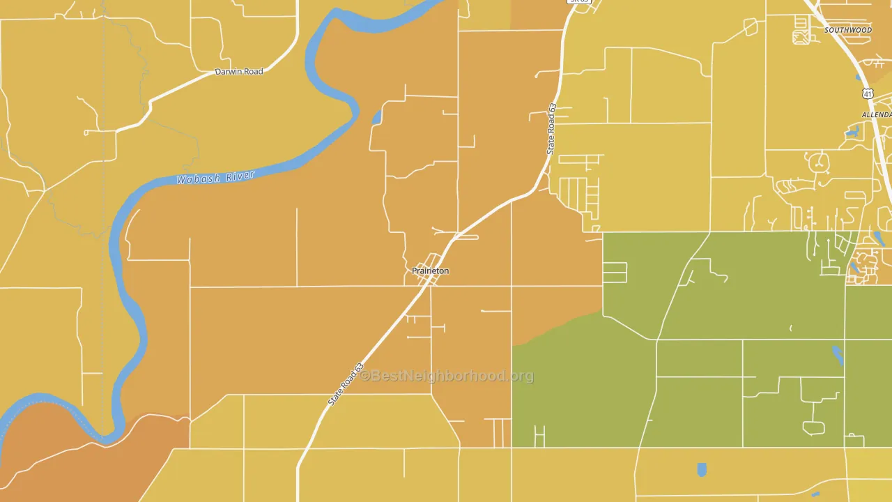 Map of the best neighborhoods in the Prairieton area, with better matches in green and worse matches in red