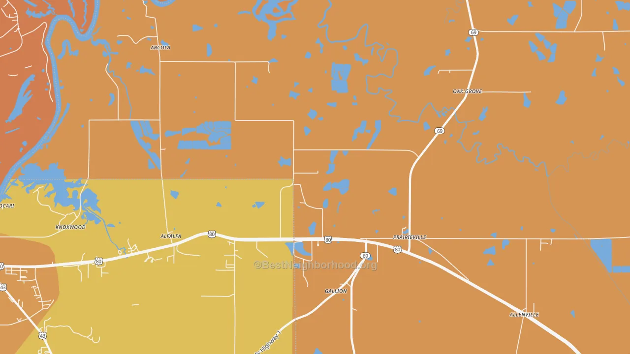 Map of the best neighborhoods in the Prairieville area, with better matches in green and worse matches in red