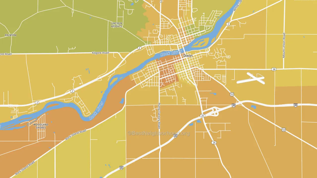 Map of the best neighborhoods in the Prairieville area, with better matches in green and worse matches in red