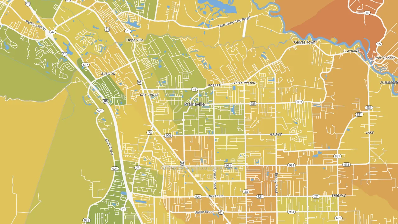 Map of the best neighborhoods in the Prairieville area, with better matches in green and worse matches in red