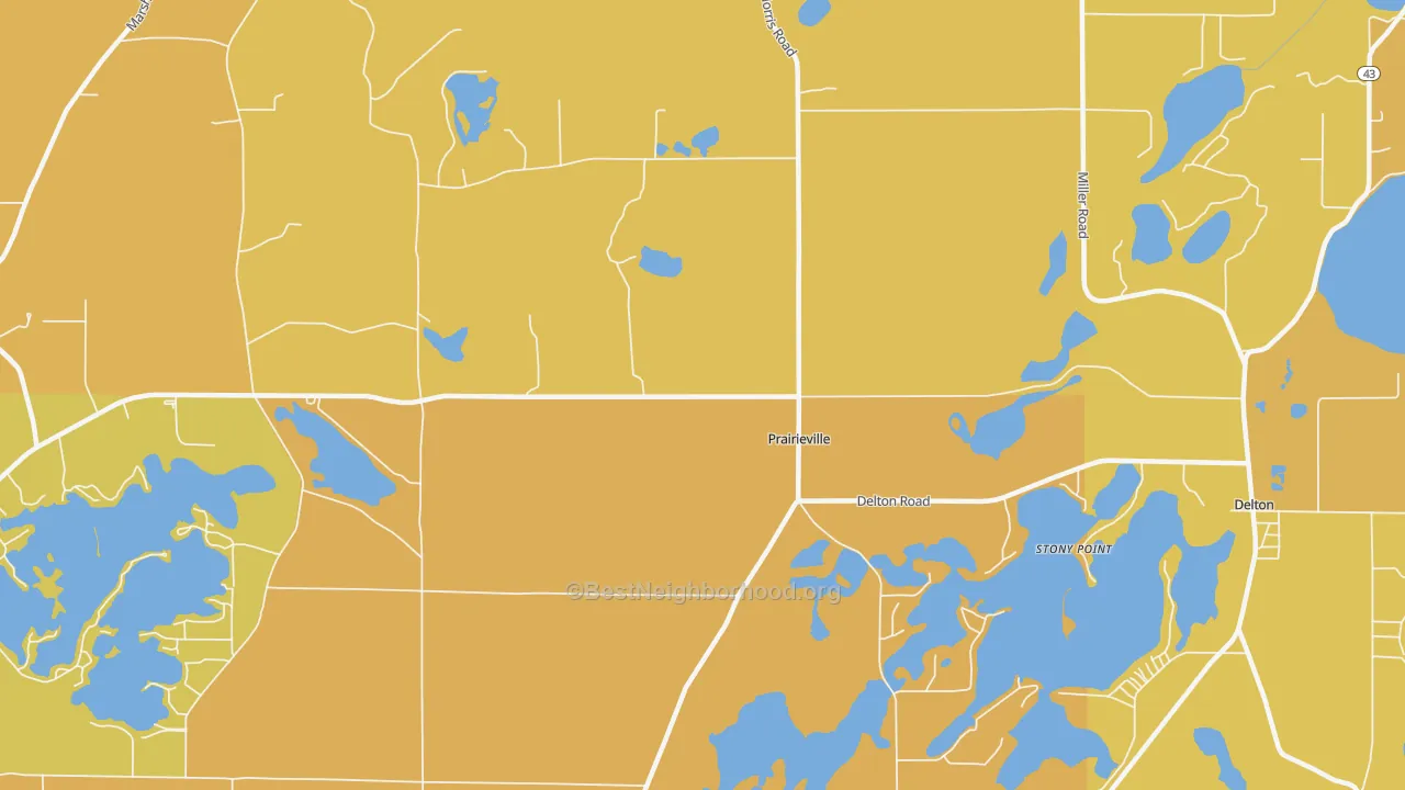 Map of the best neighborhoods in the Prairieville area, with better matches in green and worse matches in red