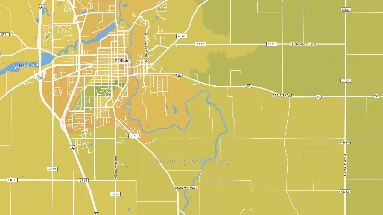 Map of the best neighborhoods in the Prairieville area, with better matches in green and worse matches in red