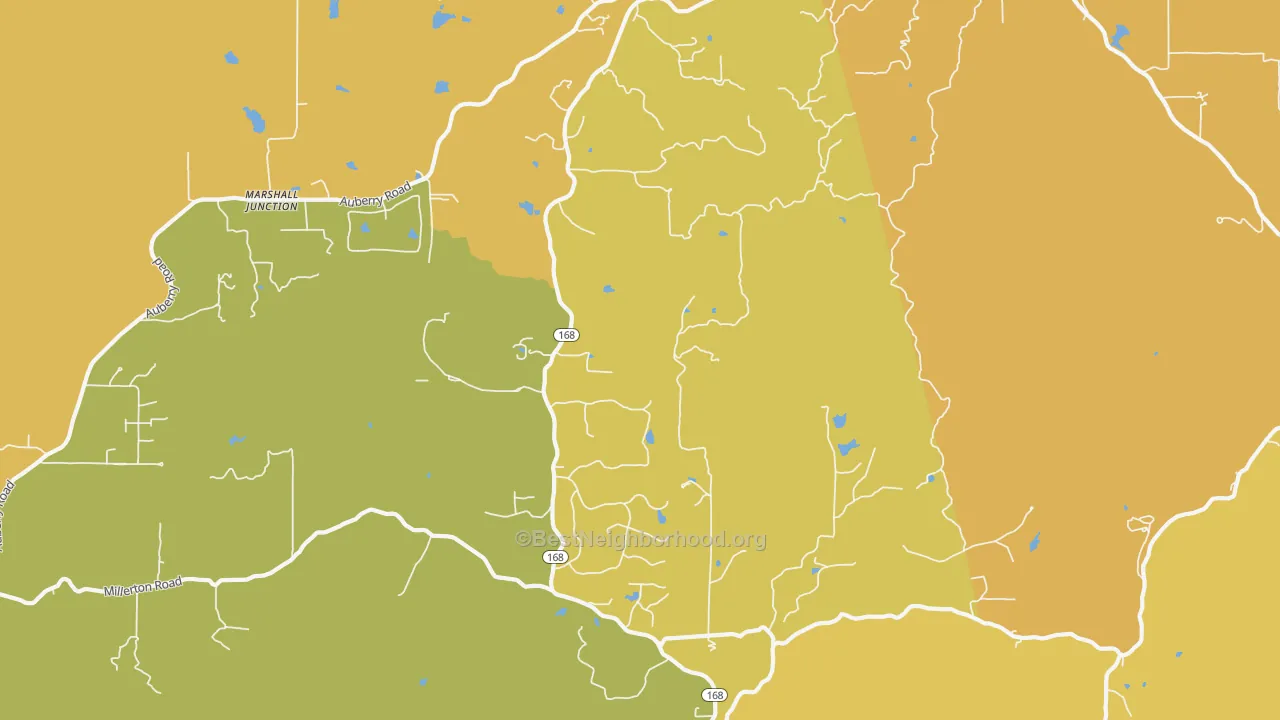 Map of the best neighborhoods in the Prather area, with better matches in green and worse matches in red