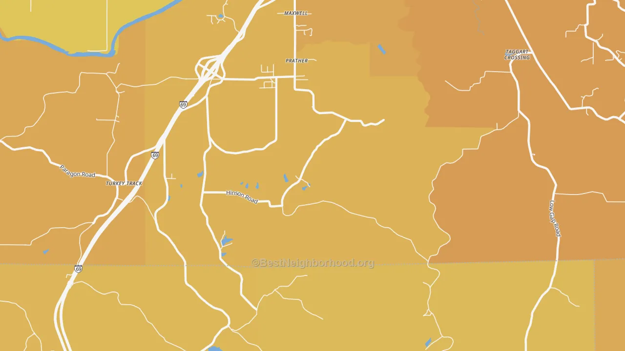 Map of the best neighborhoods in the Prather area, with better matches in green and worse matches in red