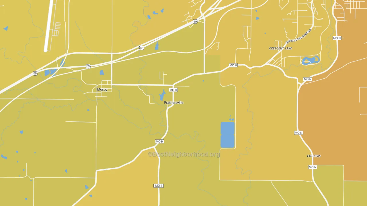 Map of the best neighborhoods in the Prathersville area, with better matches in green and worse matches in red