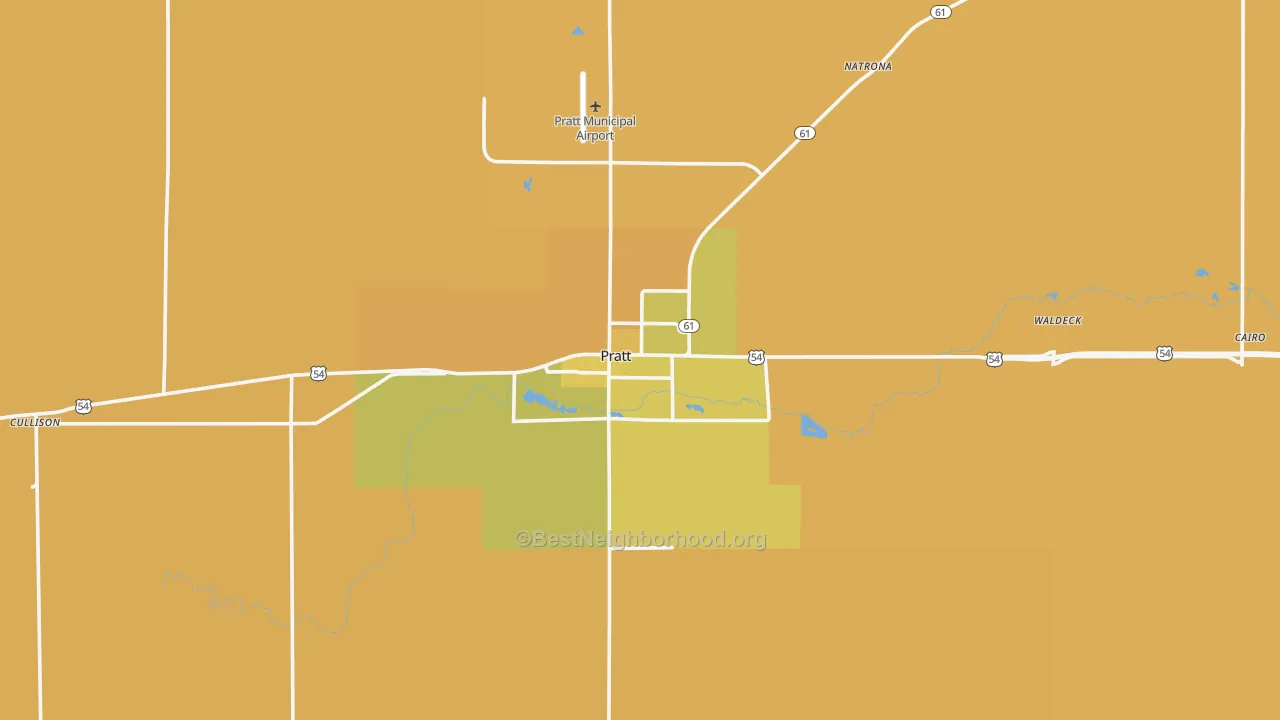 Map of the best neighborhoods in the Pratt County area, with better matches in green and worse matches in red