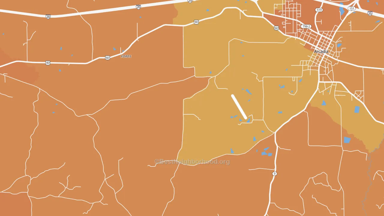 Map of the best neighborhoods in the Pratt area, with better matches in green and worse matches in red