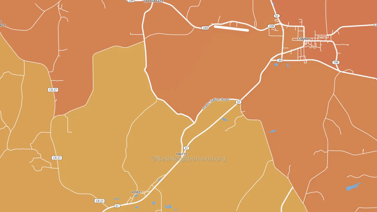 Map of the best neighborhoods in the Pratts area, with better matches in green and worse matches in red