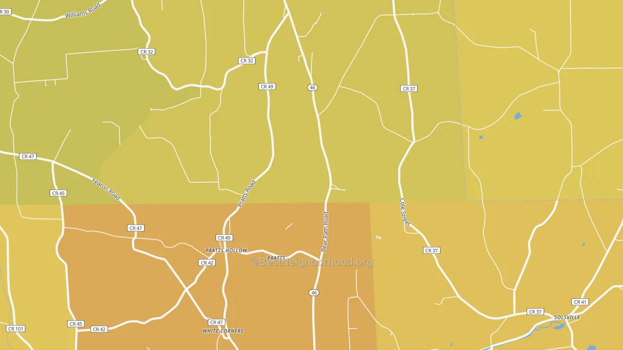 Map of the best neighborhoods in the Pratts Hollow area, with better matches in green and worse matches in red