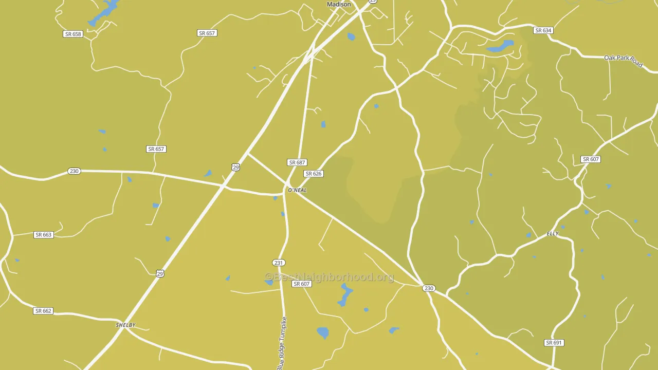Map of the best neighborhoods in the Pratts area, with better matches in green and worse matches in red
