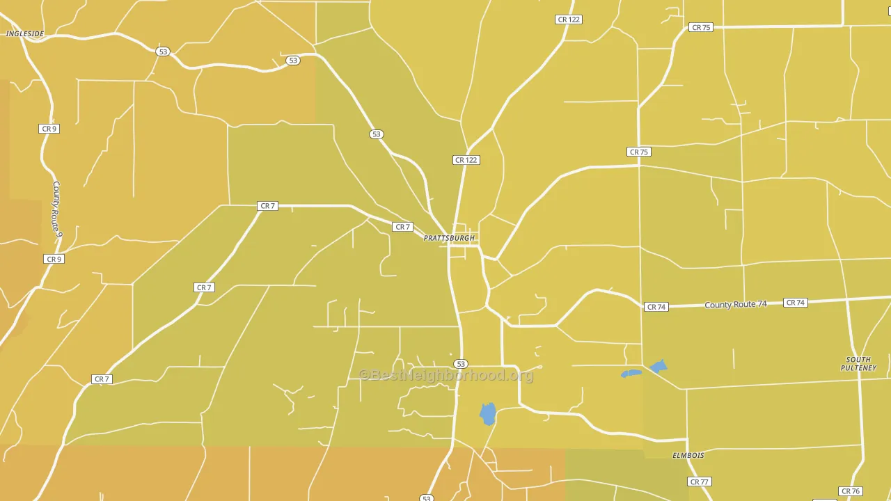 Map of the best neighborhoods in the Prattsburgh area, with better matches in green and worse matches in red
