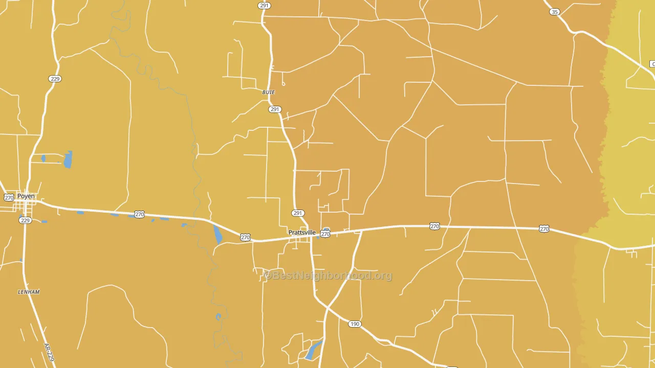 Map of the best neighborhoods in the Prattsville area, with better matches in green and worse matches in red