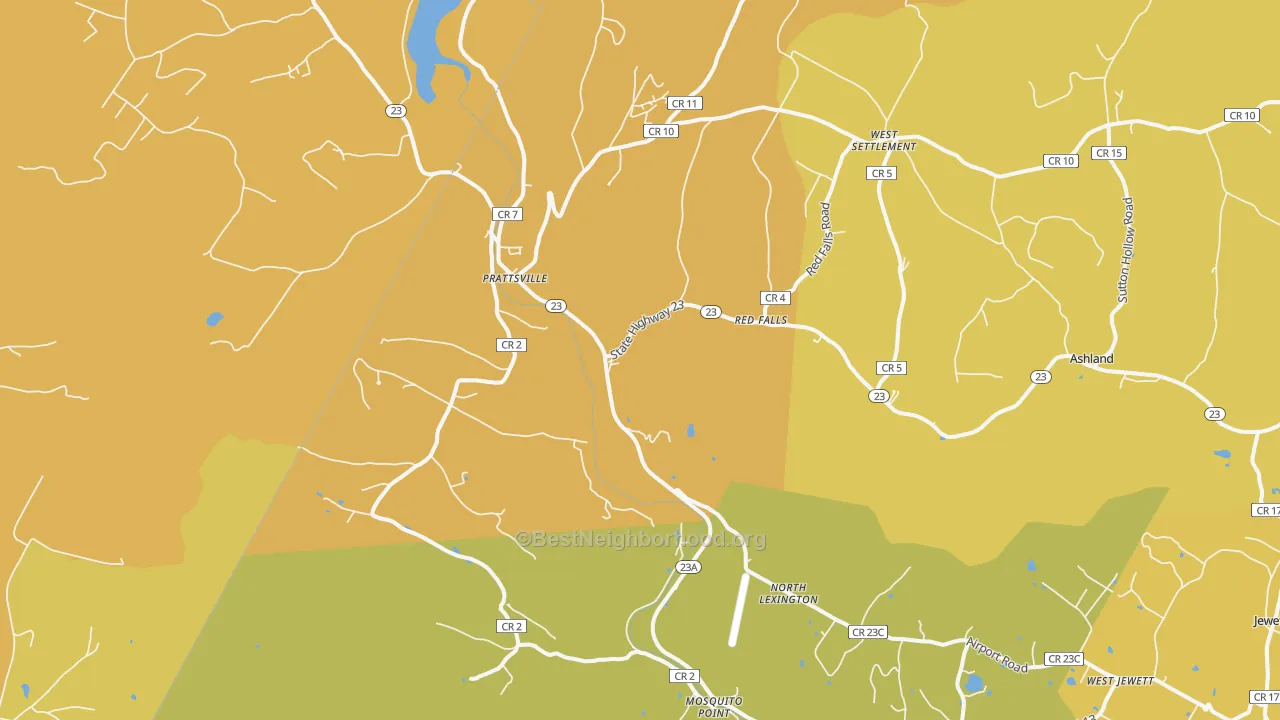 Map of the best neighborhoods in the Prattsville area, with better matches in green and worse matches in red