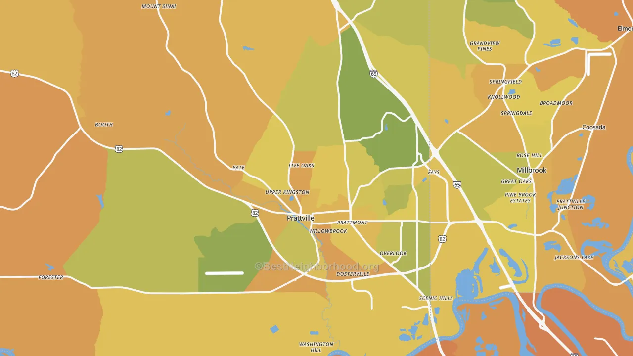 Map of the best neighborhoods in the Prattville area, with better matches in green and worse matches in red