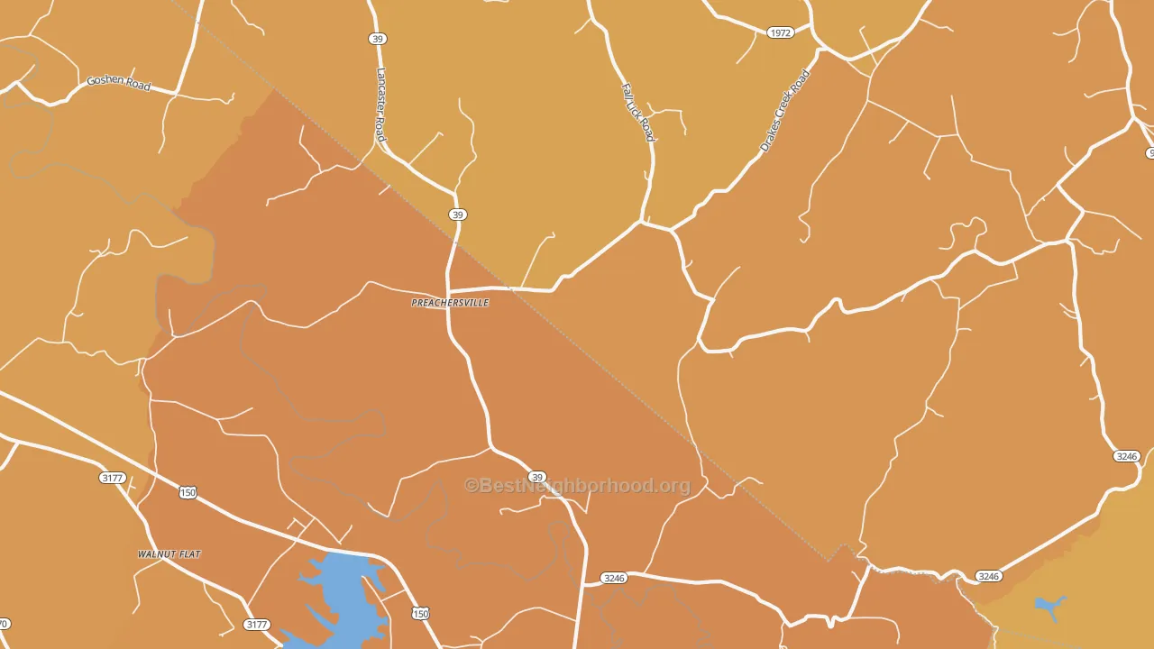 Map of the best neighborhoods in the Preachersville area, with better matches in green and worse matches in red