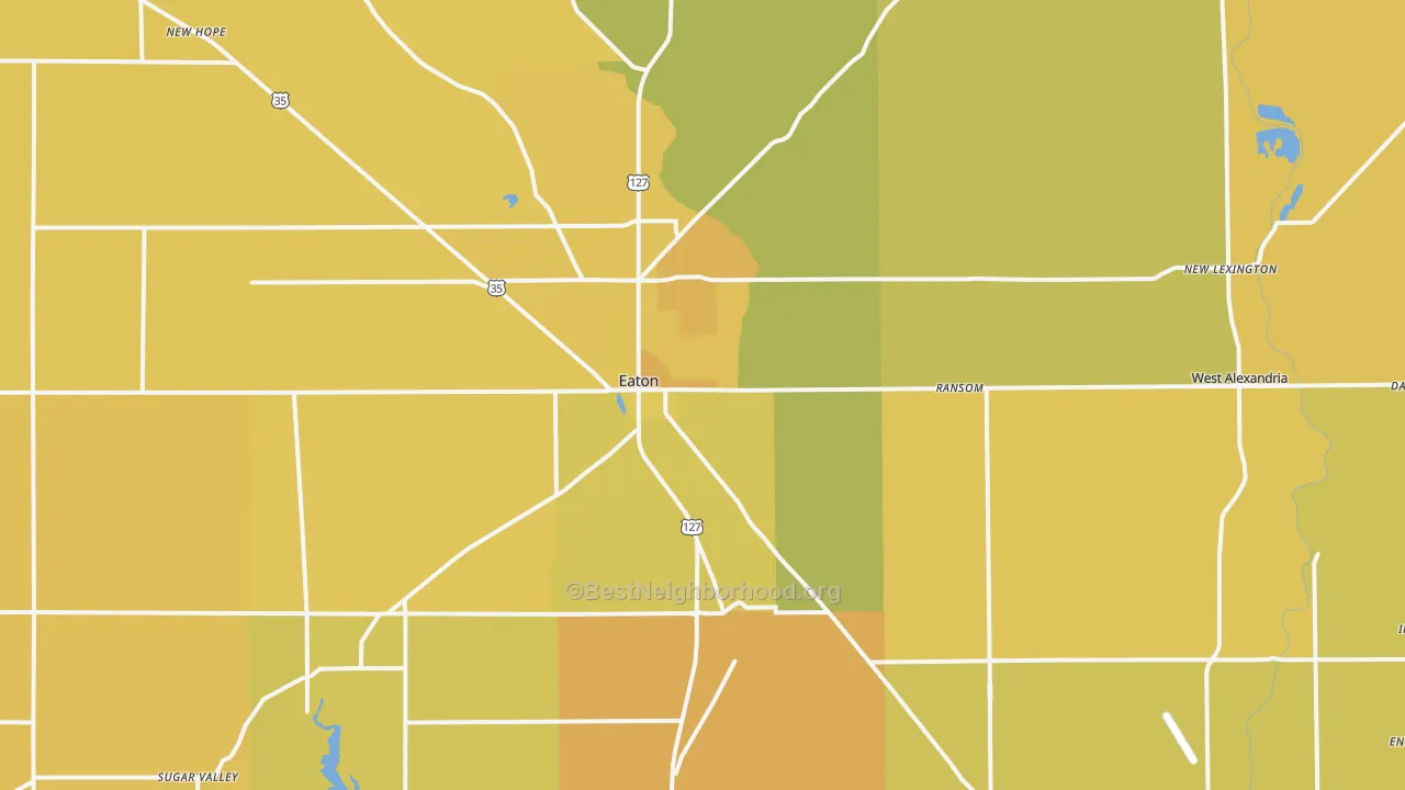 Map of the best neighborhoods in the Preble County area, with better matches in green and worse matches in red