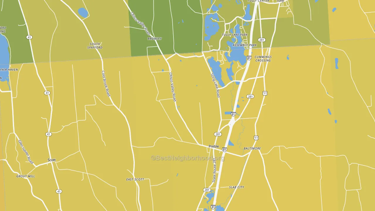 Map of the best neighborhoods in the Preble area, with better matches in green and worse matches in red