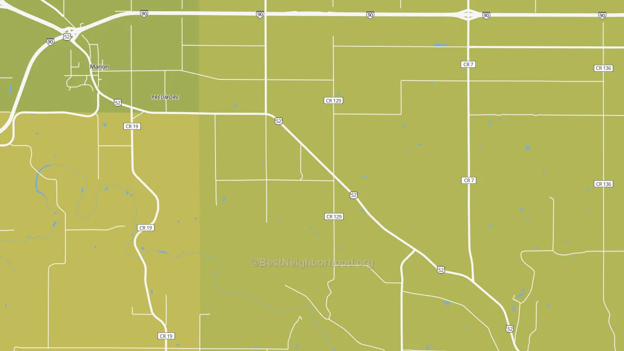 Map of the best neighborhoods in the Predmore area, with better matches in green and worse matches in red