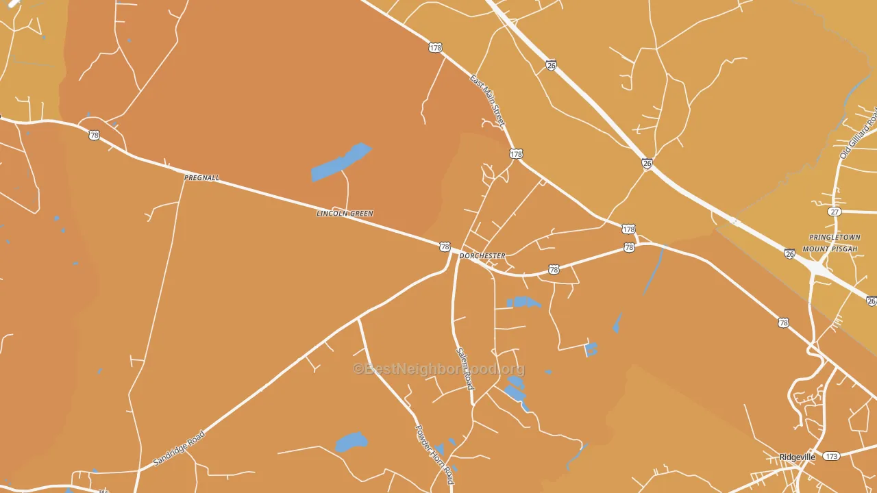 Map of the best neighborhoods in the Pregnall area, with better matches in green and worse matches in red