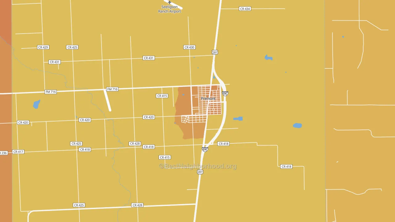 Map of the best neighborhoods in the Premont area, with better matches in green and worse matches in red
