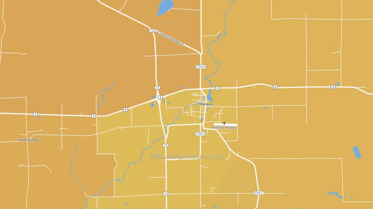 Map of the best neighborhoods in the Prentice area, with better matches in green and worse matches in red