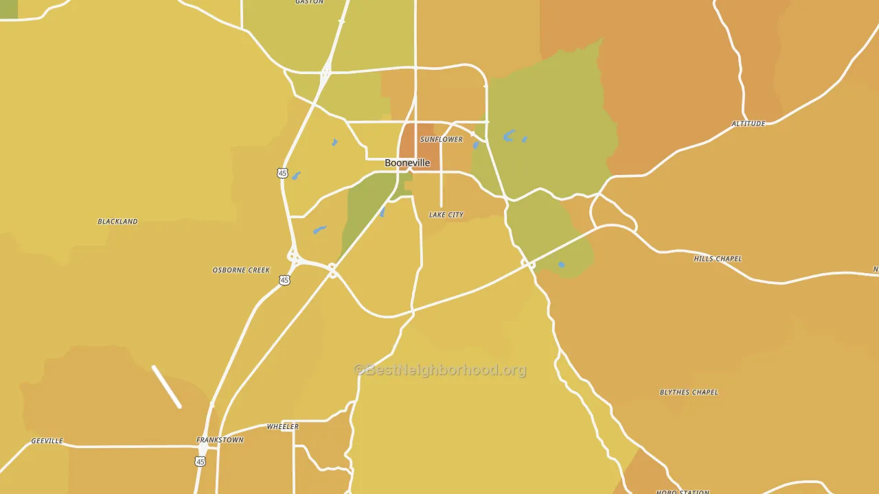 Map of the best neighborhoods in the Prentiss County area, with better matches in green and worse matches in red