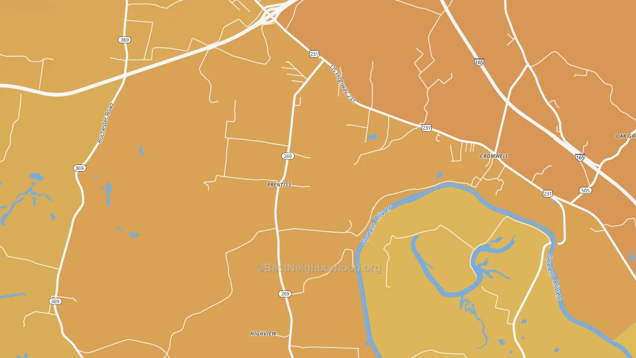 Map of the best neighborhoods in the Prentiss area, with better matches in green and worse matches in red