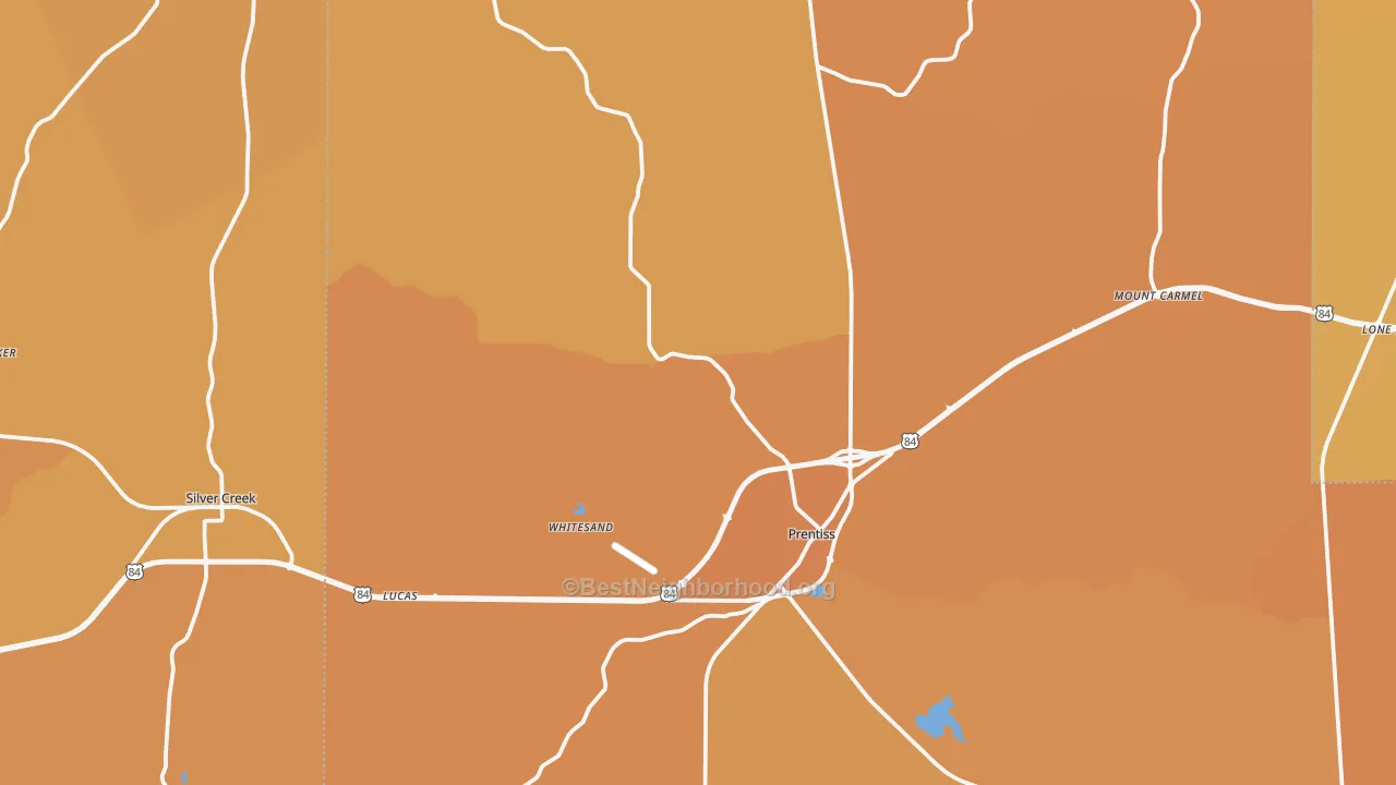 Map of the best neighborhoods in the Prentiss area, with better matches in green and worse matches in red