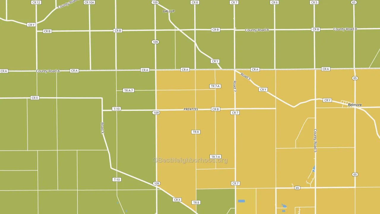 Map of the best neighborhoods in the Prentiss area, with better matches in green and worse matches in red