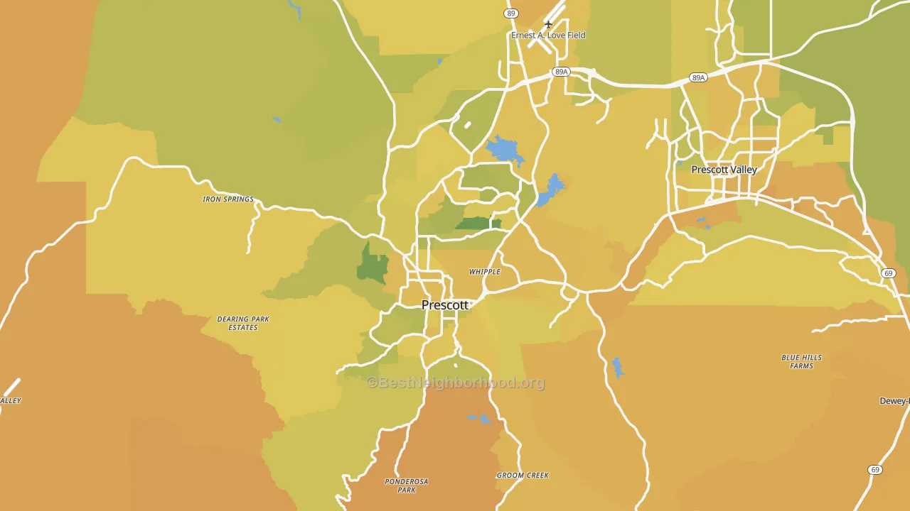Map of the best neighborhoods in the Prescott Metro area, with better matches in green and worse matches in red