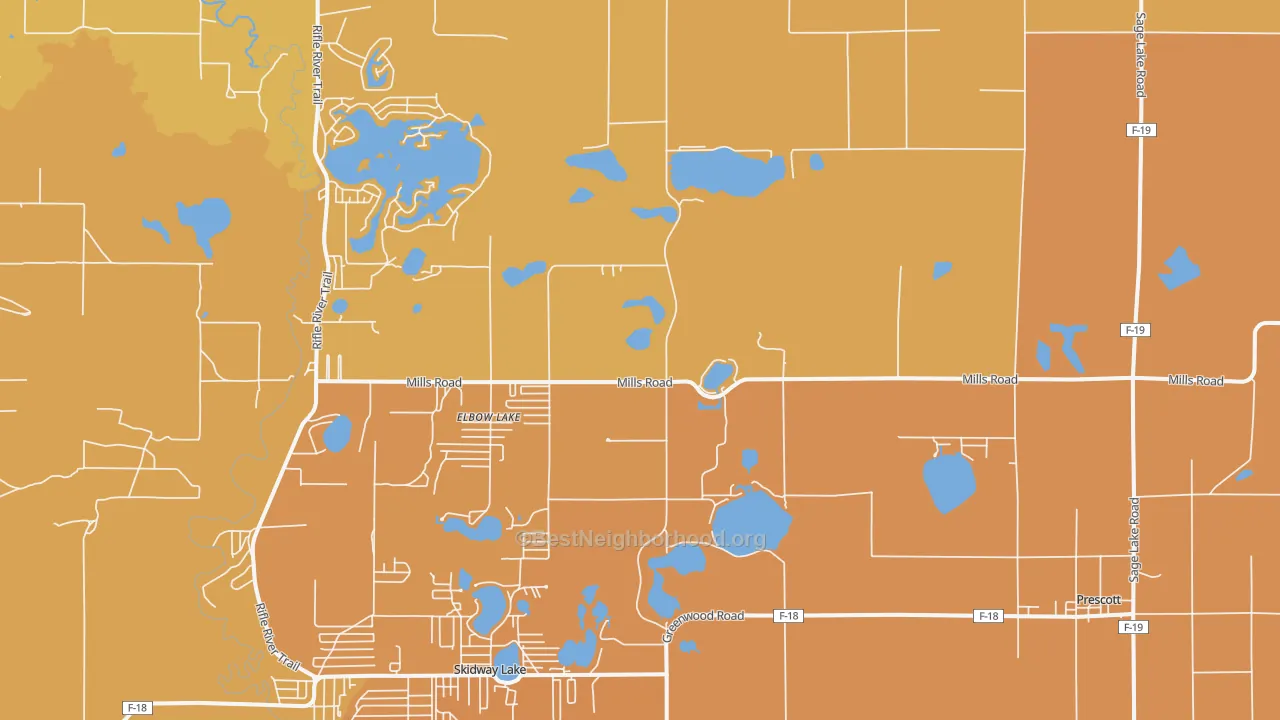Map of the best neighborhoods in the Prescott area, with better matches in green and worse matches in red
